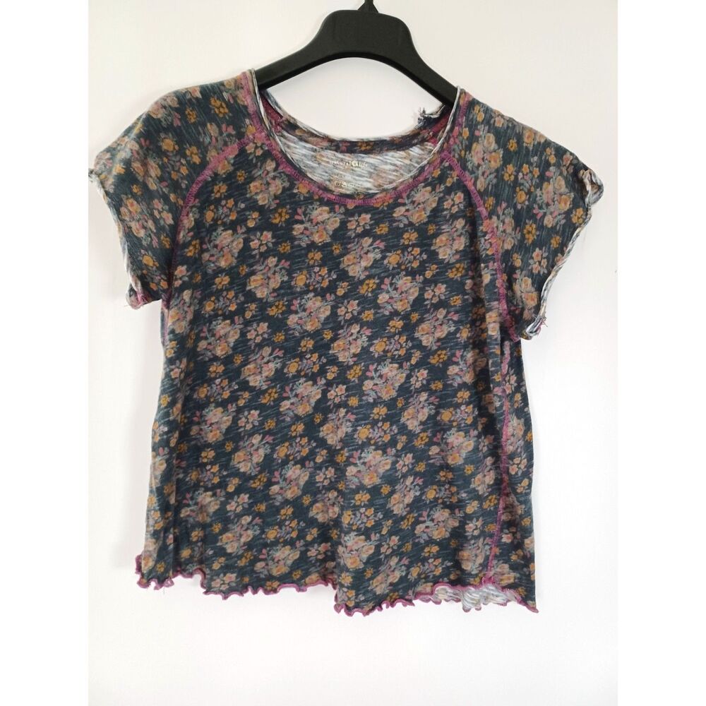 Natural Life Womens T-Shirt Top Lightweight Lettuce Hem Large Floral Cotton
